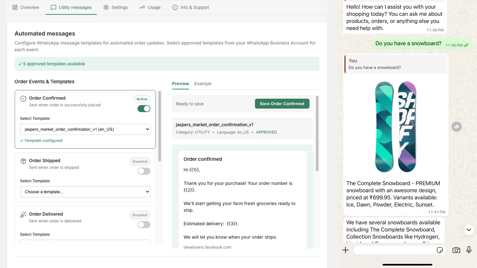 WhatsApp AI sales and support agent dashboard showing Shopify-connected conversations